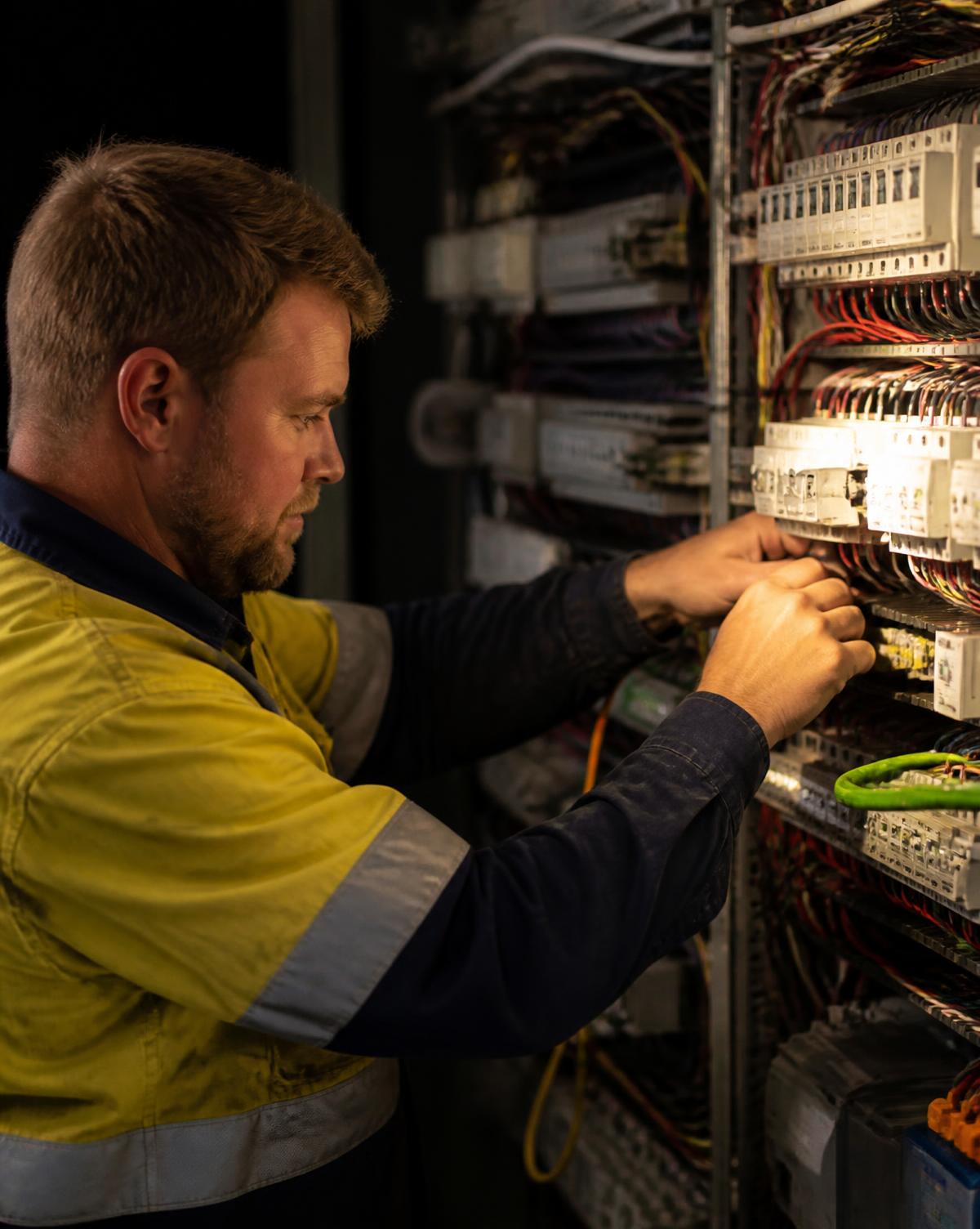 Electrician wiring a commercial switchboard