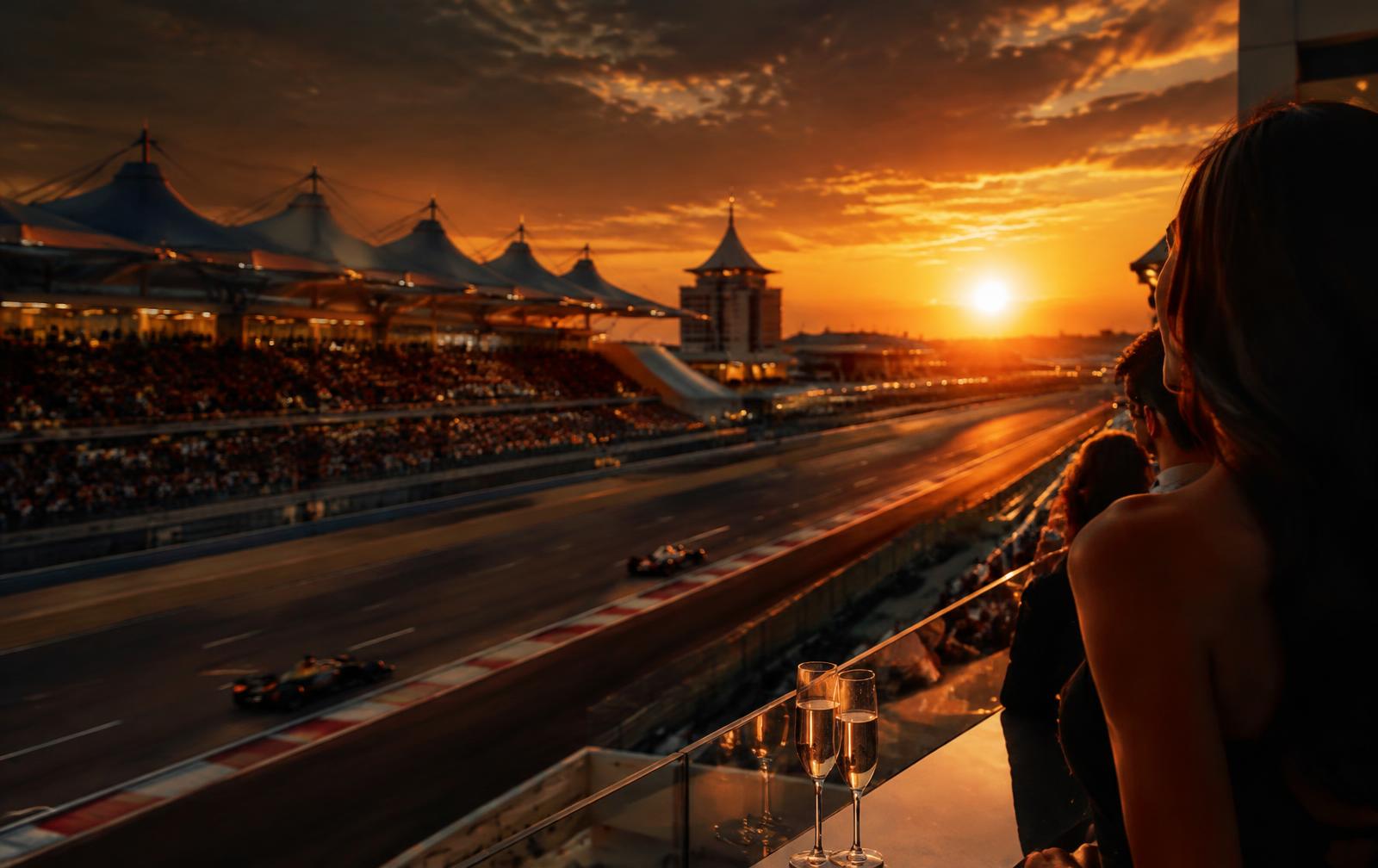 Grand Prix hospitality balcony at sunset