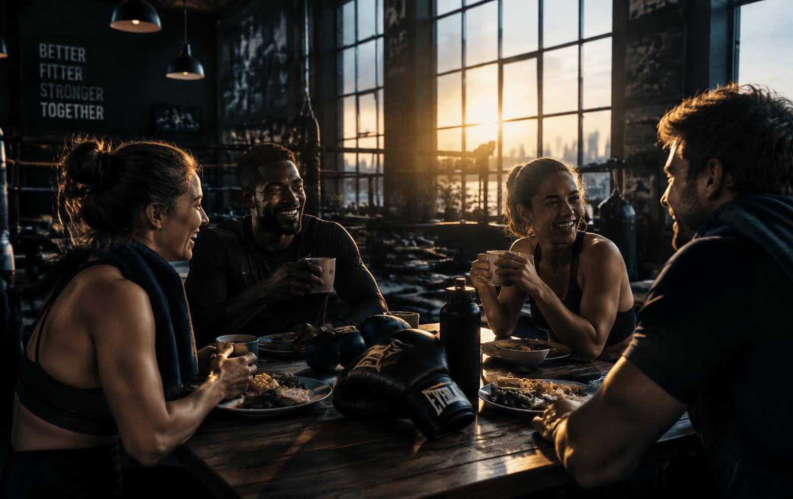 Friends at breakfast together after a morning training session