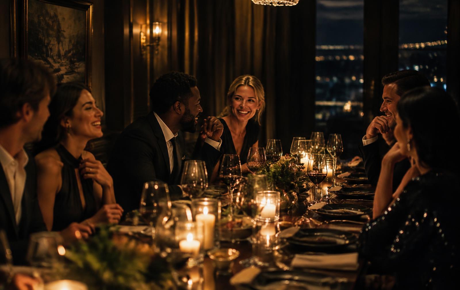 A long candlelit dinner table full of friends