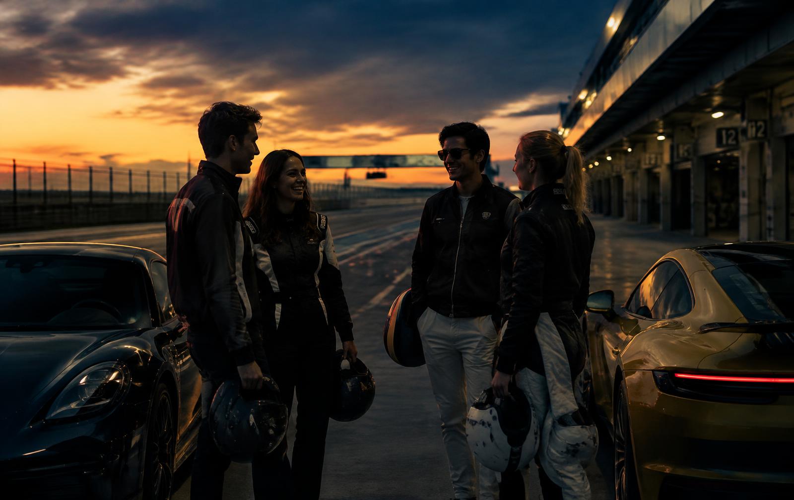 Friends with helmets in hand beside their cars in pit lane at dusk