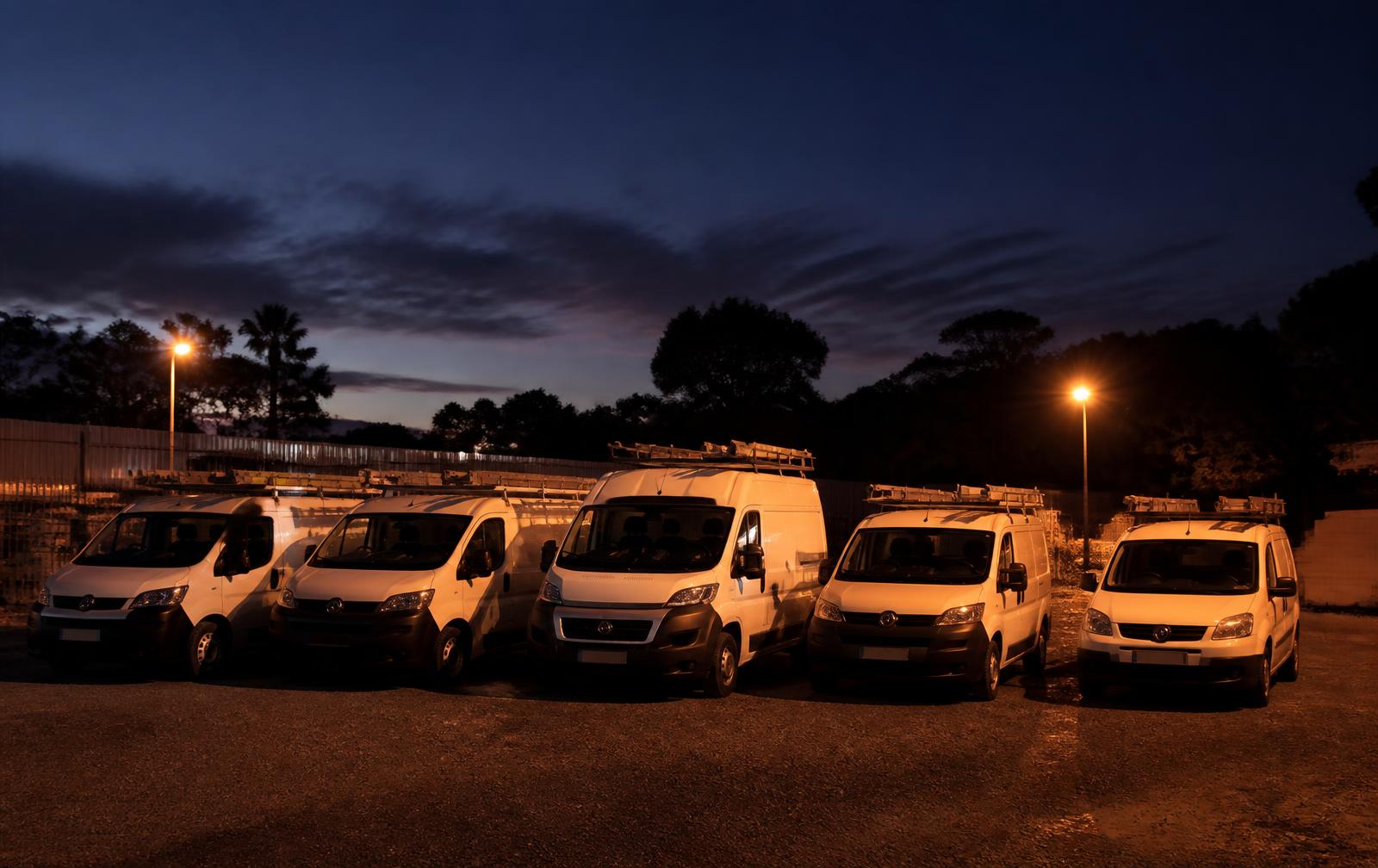 Electrical contractor work vans parked in a yard at dusk